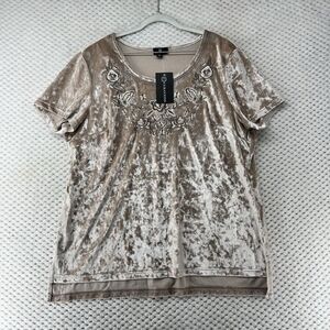 Curations Crushed Velvet Top Floral Embroidered Short Sleeve Romantic  Wymisgoth